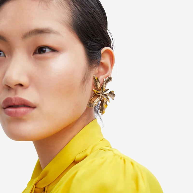 

New Design 2019 ZA Gold Color Flower Metal Stud Earrings For Women Punk Charm Statement Jewelry Gift Party Wholesale