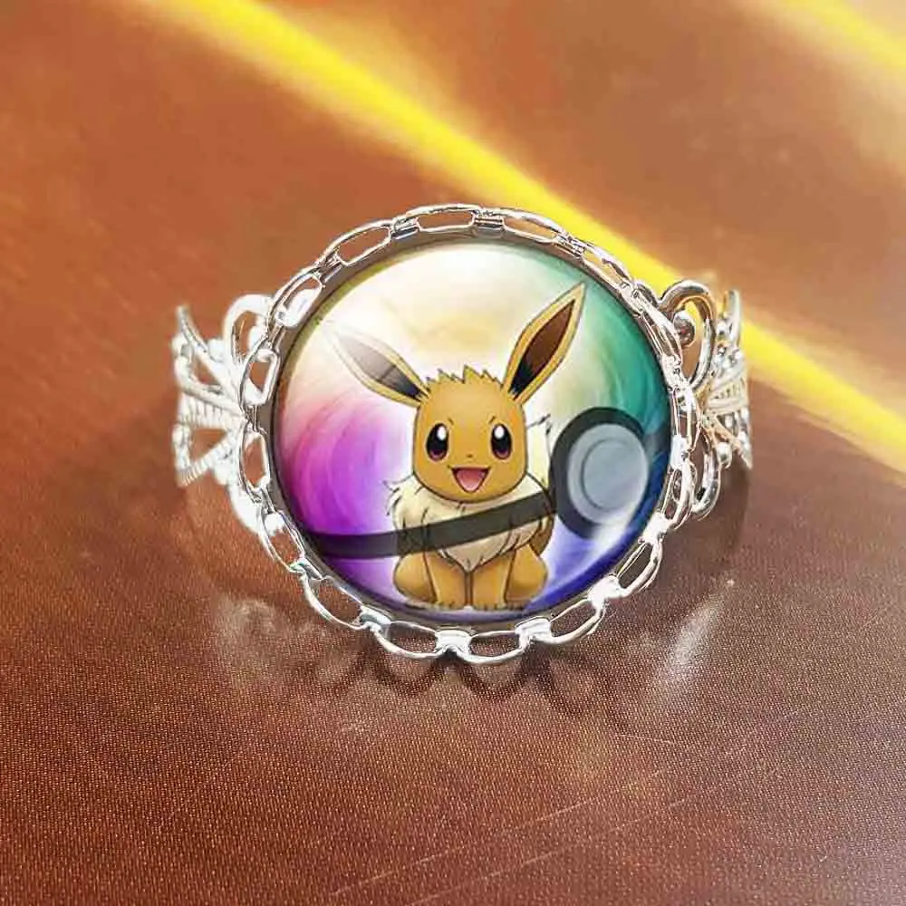 Qiyufang New Pokemon Eevee Ring Pokeball Glass Cabochon Statement