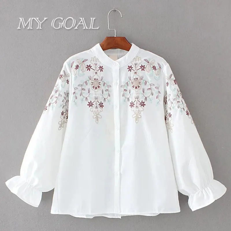 White Blouse Floral Embroidered Shirts 