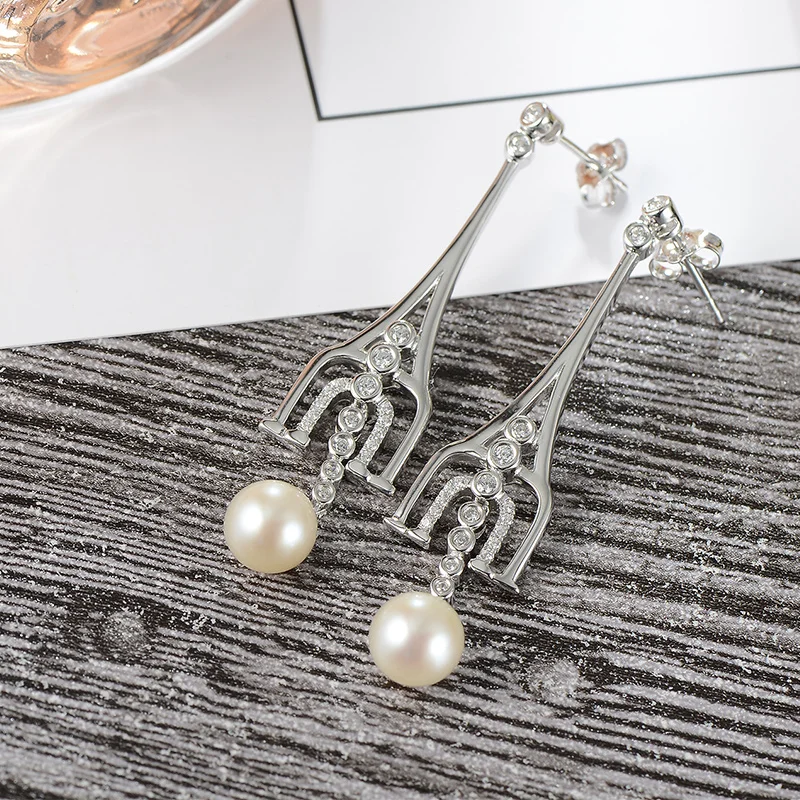 

gNpearl Eiffel Tower Freshwater Round Pearl Earrings natural Elegance pearl Banquet Drop earrings 925 Sterling Silver jewelry