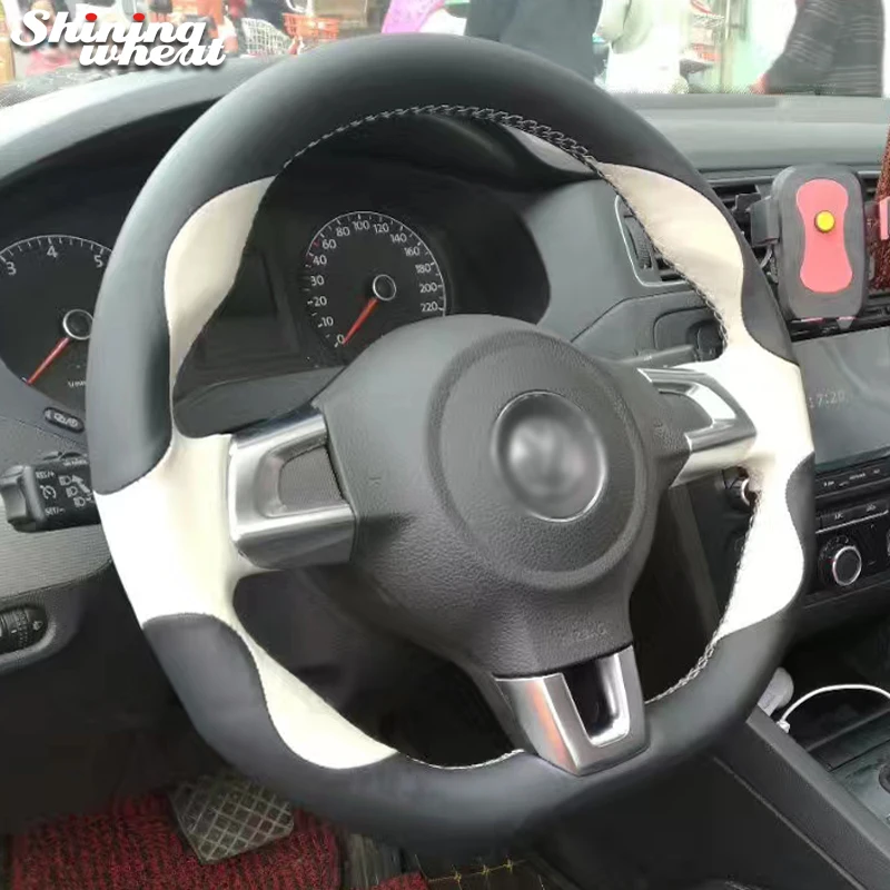 

Блестящие пшеницы черный, белый цвет кожаный чехол рулевого колеса автомобиля для Volkswagen Golf 6 GTI MK6 VW Polo GTI Scirocco R Passat CC R-Line