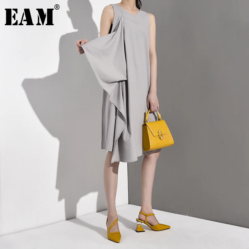 

[EAM] 2019 New Spring Summer Round Neck Sleeveless Black Loose Split Joint Ruffles Temperament Dress Women Fashion Tide JG2220