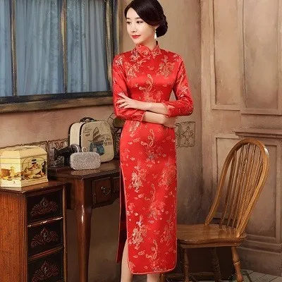 SHENG COCO китайское платье Qipao атласное платье Rouge XXXL вечернее Ципао платья без рукавов традиционное винтажное розовое платье Qipao - Цвет: long sleeve 1