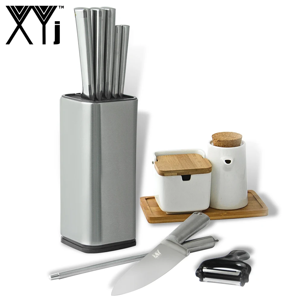 

XYj Stainless Steel Knife Set Cooking Kitchen Knife Accessories Holder Stand Block Sharpener Bar Rod Cutting Board Scissors
