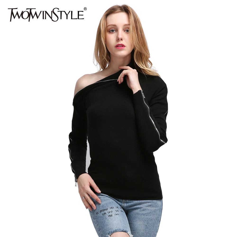 

TWOTWINSTYLE 2019 Knitted Off Shoulder Pullovers Sweater for Women Long Sleeve Turtleneck Female Jumper Zipper Black Clothing
