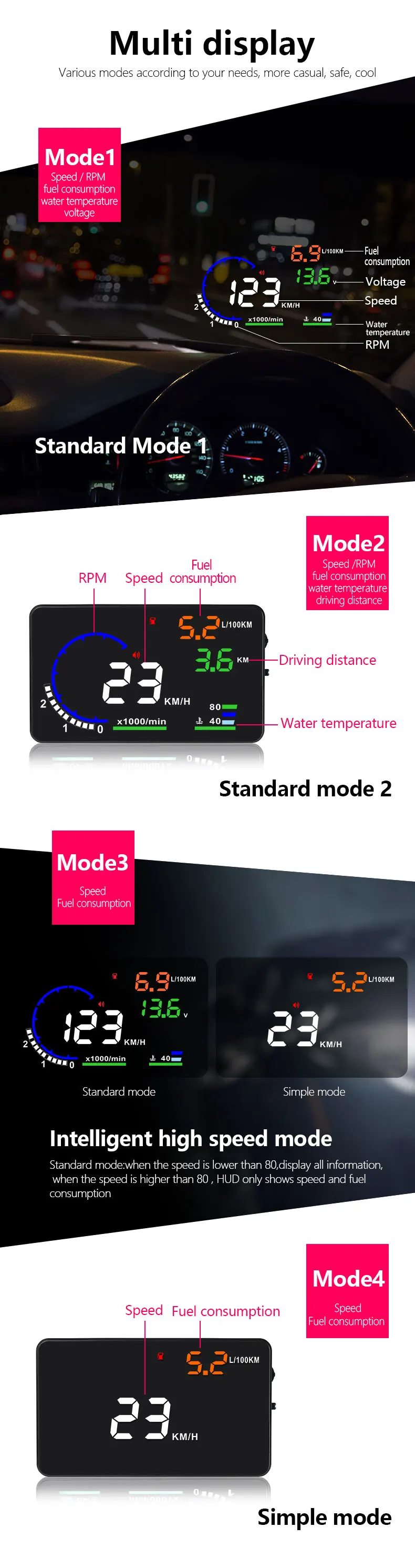 A8 Автомобильный HUD Дисплей OBD II OBD2 Авто Датчик 5," Dash экран проектор