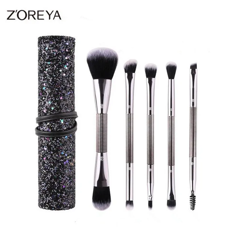 Zoreya 5 шт. набор кисточек для макияжа с двойной головкой с сумкой тени для век губ Макияж инструменты пудра основа кисти, косметический инструмент 40#708 - Handle Color: A