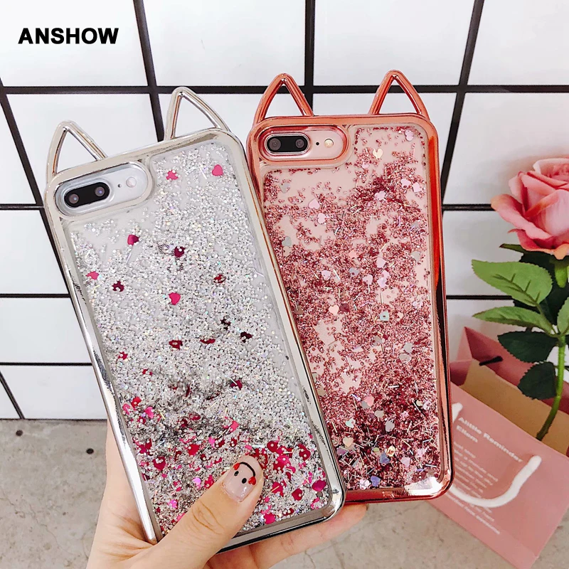 For Iphone X 10 8 7 6 6S 3D Cat Liquid Soft TPU Case Metallic Quicksand Chromed Bling Glitter Floating Silicone Gel Cover |