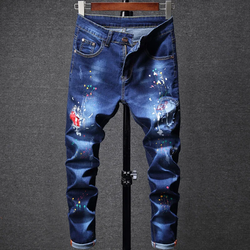 

2019 Newly Fashion Men's Jeans Blue Color Destroy Jeans Broken Pants Slim Fit Punk Style Paint Printed Jeans Stretch Trousers