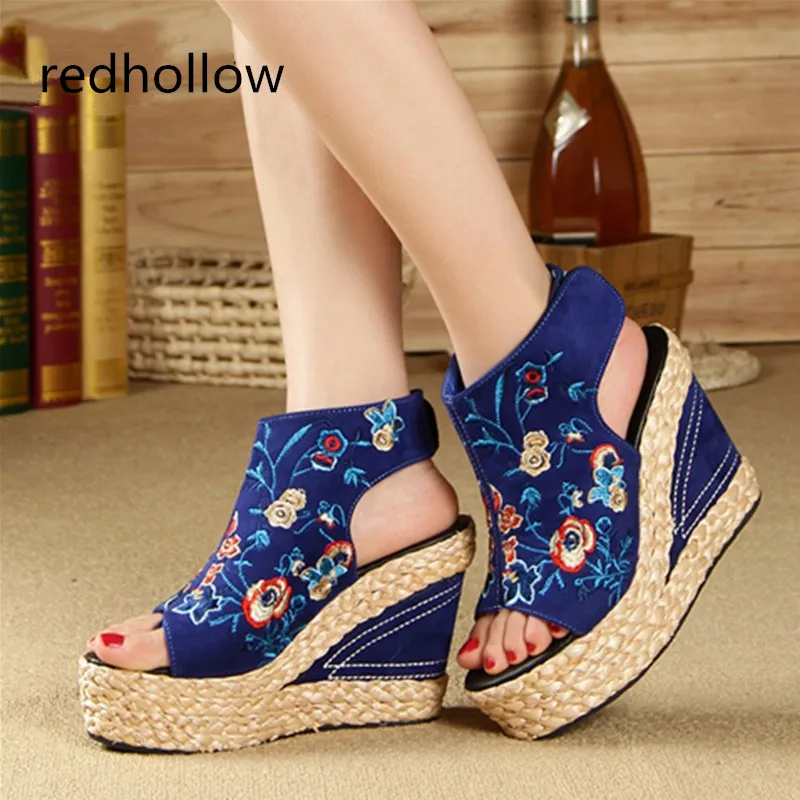 

Women's Summer Shoes New 2018 National Wind High Platform Wedges Embroidered Female Sandals With Fish Toe Wedge Sandals