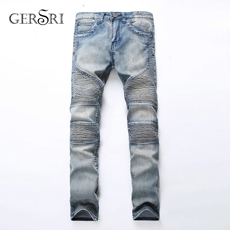 

Gersri Biker Jeans Men New Casual Washed Cotton Fold Straight Ripped Jeans Cowboy Elasticity Slim Denim Jeans Pants Male