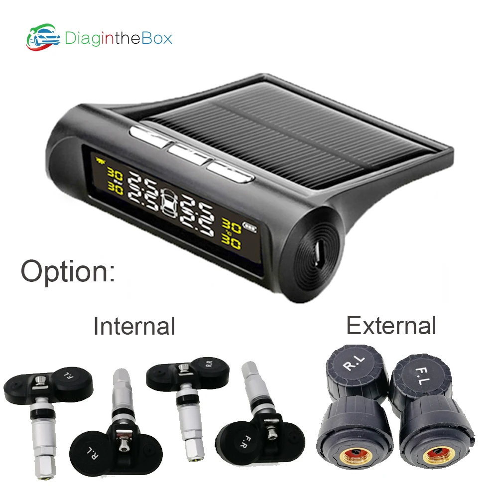 

Solar TPMS Tire Pressure Alarm Monitoring System Smart Solar Tyre Pressure Monitor 4 External Internal Sensors Valve TMPS Gauge