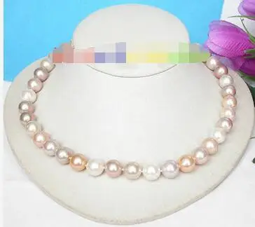 

Free Shipping>> new hot 18" 12mm round MIX white pink purple pearls necklace 925 silver clasp