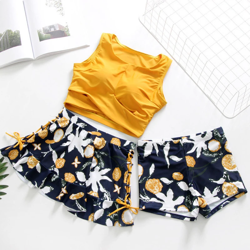 

2019 three Piece S-XL yellow swimdress Tankini Swimsuits Women Swimwear Vintage Print Plus Size Swimwear Women Padded Bathing su