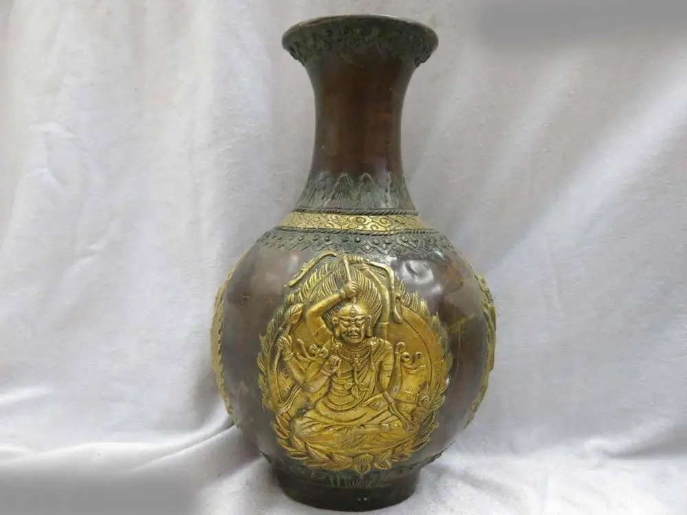 

9" China bronze Copper gild carved Buddhism Temple jar four buddha vase