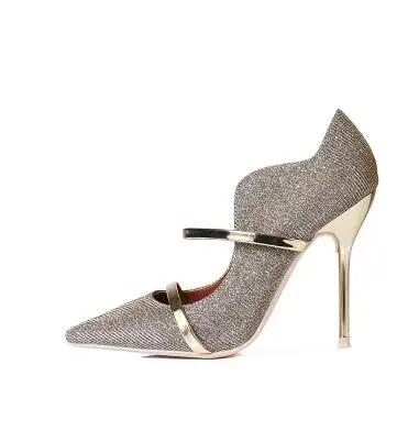 

Special black/gray/gold bling pointed toe high heel pumps for women Fashion matal belt thin heel shoes High heels Dress shoes