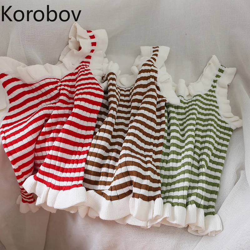 

Korobov Summer Sweet Fresh Preppy Style Women Tank Top Ruffles Striped Vintage Vest 2019 New Arrival Korean Crop Top Camis 77881