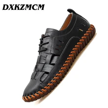 DXKZMCM Men Casual Beach Shoes Summer Sandals Soft Sole Fashion Men Genuine Leather Slippers Men Flip Flops