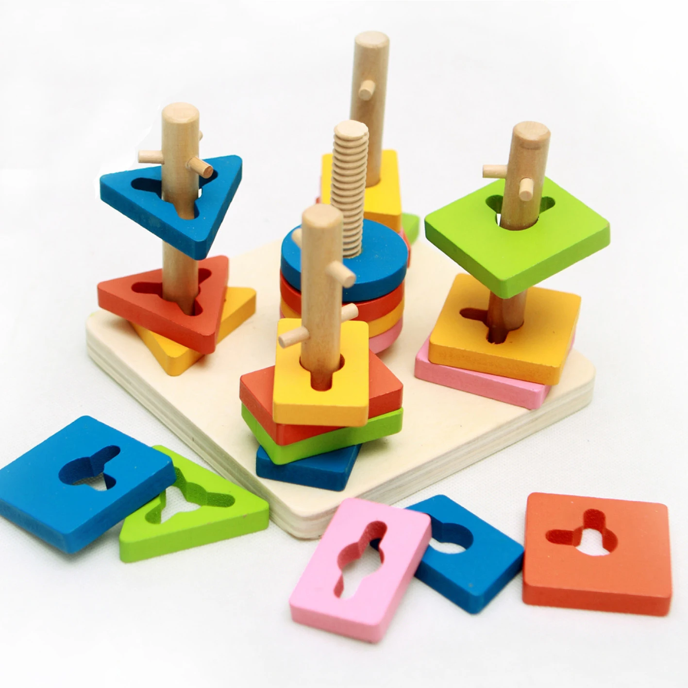 Детский Цветной деревянный пятиколонный Набор геометрических строительных блоков, развивающие игрушки для детей, распознавание цвета - Цвет: Небесно-голубой