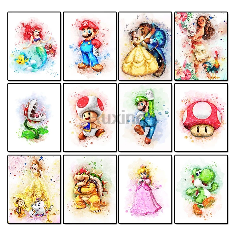 

5D DIY Diamond Painting Watercolor cartoon super Mario and Cross Stitch Mosaic Rhinestones Diamond Embroidery Decor