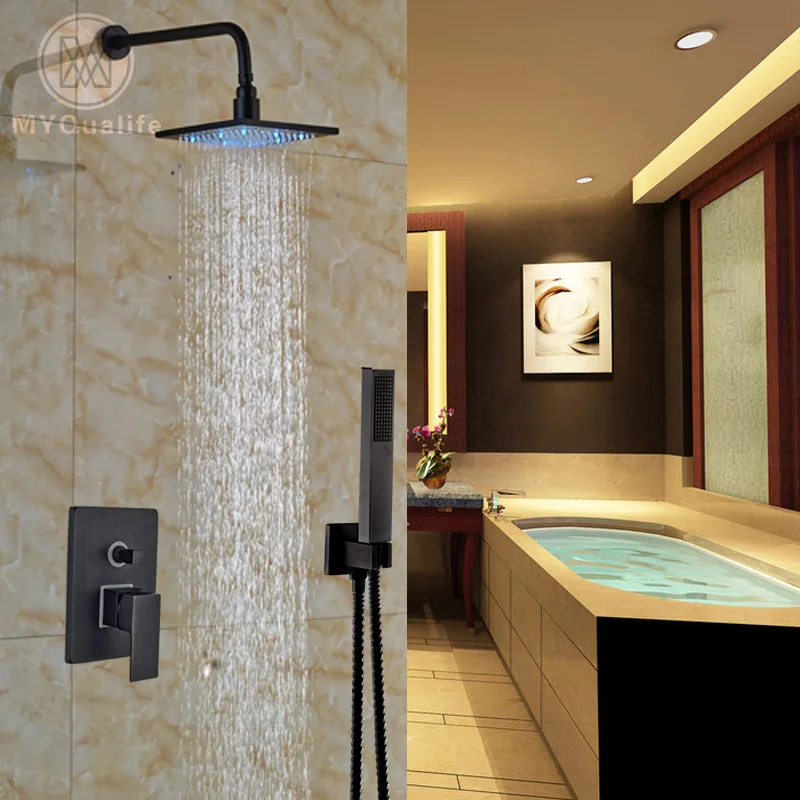 

Single handle 8" LED Light Rain Showerhead + Handshower Bathroom Mixer Valve Shower Faucet Set Oil Rubbed Bronze