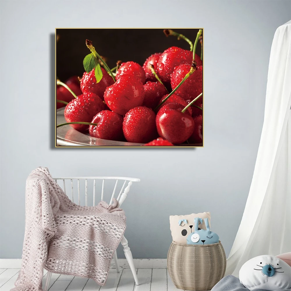 

Laeacco Canvas Calligraphy Painting Cherry Fruit Posters and Prints Wall Artwork Pictures for Living Room Kitchen Decoration