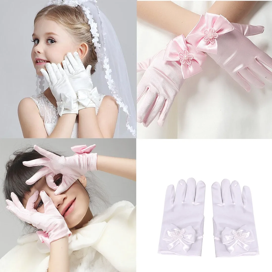 Очаровательные 1 пара милые вечерние перчатки с бантиком и цветами для девочек, варежки для церемонии, аксессуары для посещения церкви, детские перчатки