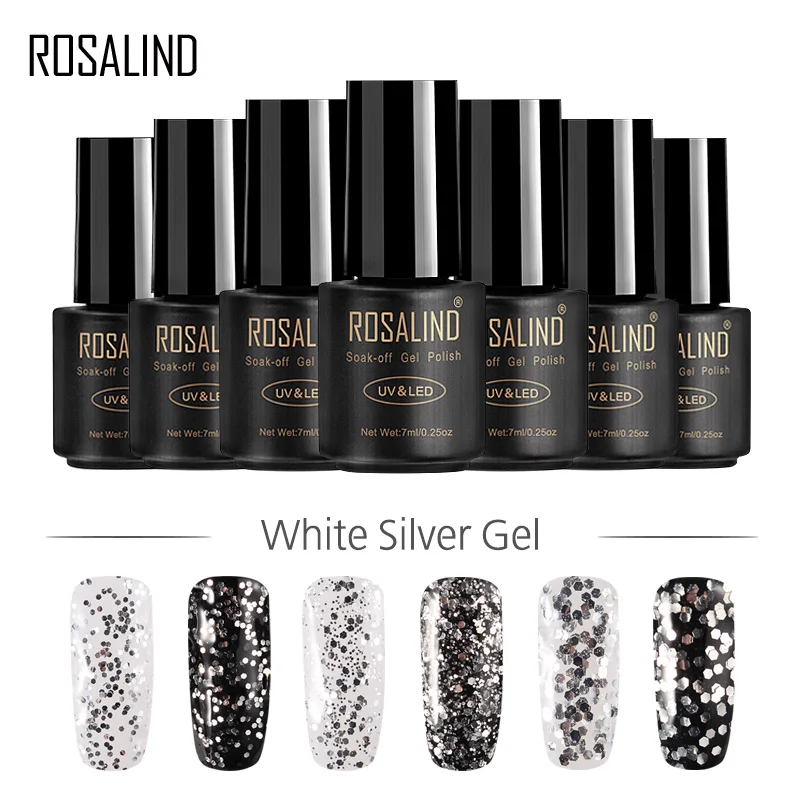 

ROSALIND Gel 1S Nail Gel Polish 7ml White Silver UV Gel Lacquer Semi Permanent Nail Varnish Need Top Base Coat Nail Art 6 Colors