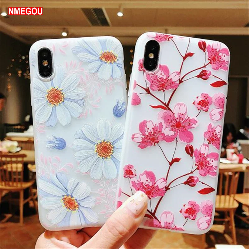 

3D Flower Phone Case for IPhone X XR XS Max Transparent Soft TPU Handsome Pressed Back Cover for IPhone 8 7 6 6S Plus Case Women