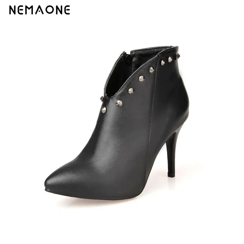 

NEMAONE 2017 High Quality pu Leather Ankle Boots rivets Sexy Thin High Heels Pointed Toe Shoes Woman Fashion Women Boots