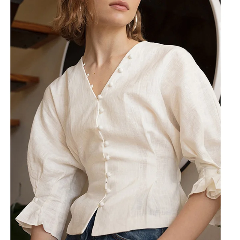 

Ellacey New 2019 Autumn Simple Temperament Design White Blouse Retro Palace Button Decoration Shirt Women V-neck Women Tops