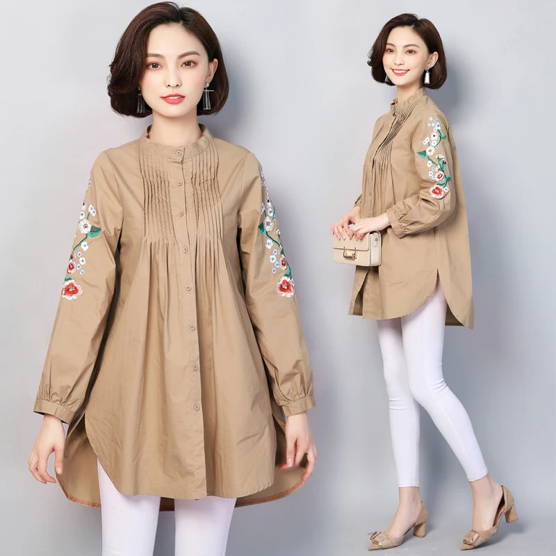 

YICIYA Plus size large L-4XL 5XL women long blouse irregular shirt embroidery print sleeve button elegant winter 2019 spring