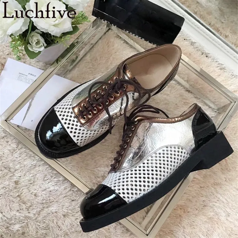 

Spring summer Air mesh Casual shoes women runway low heel silver color high quality leather lace up lazy loafers zapatos mujer