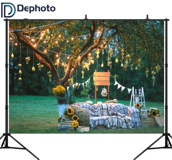 

DePhoto Light bulb Tree Sunflower Haystack Photography Backdrops Outdoor Wedding Scenery Photo Background For Photo Studio