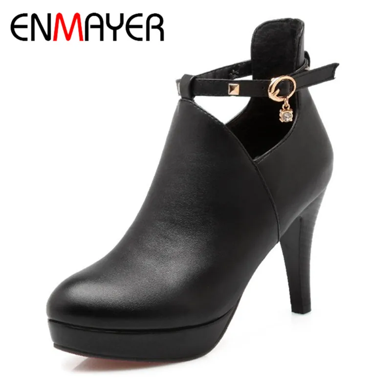 

ENMAYER High Heels Round Toe Buckle Strap Rhainstone Platform Shoes Woman Large Size 34-43 Ankle Boots for Women Winter Boots