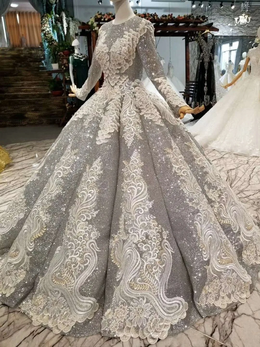 LSS046 senior grey muslim puffy shiny evening dress long sleeves pleat floor length evening party dresses women occasion dress