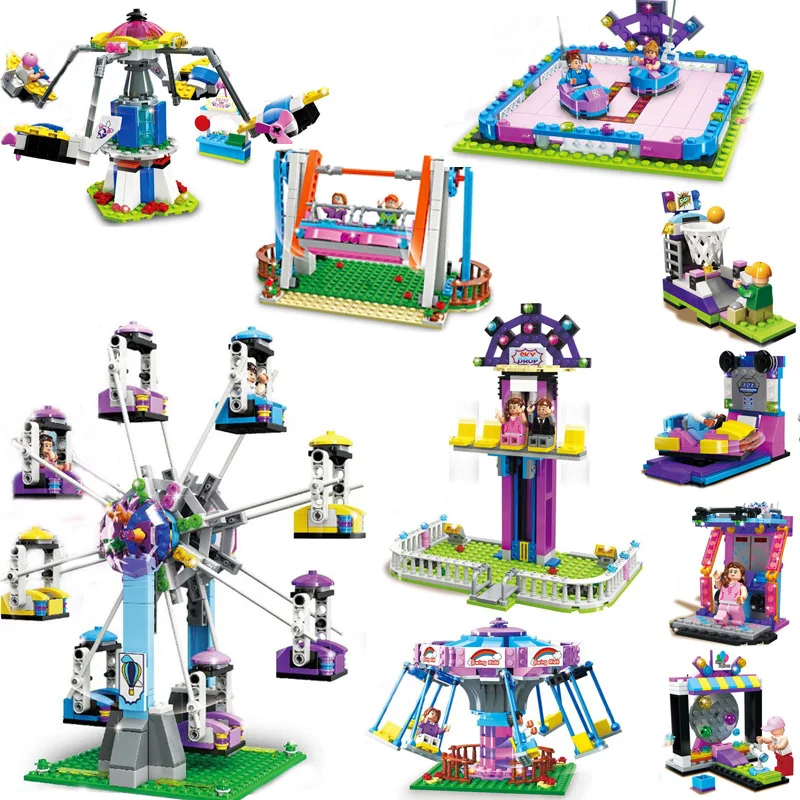 

Funny city Amusement park rides building block Ferris wheel Bumper car Electric swing dancing machine bricks Tourist figures toy
