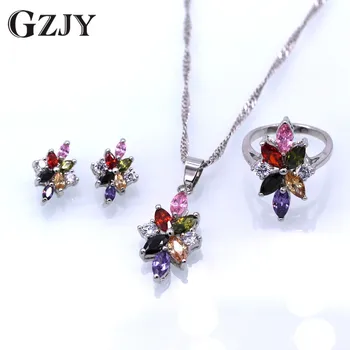 

GZJY Fashion Gold Color Charm Colorful Zircon Pendant Necklace Earring Ring Set For Women Wedding Anniversary Party Gift Jewelry
