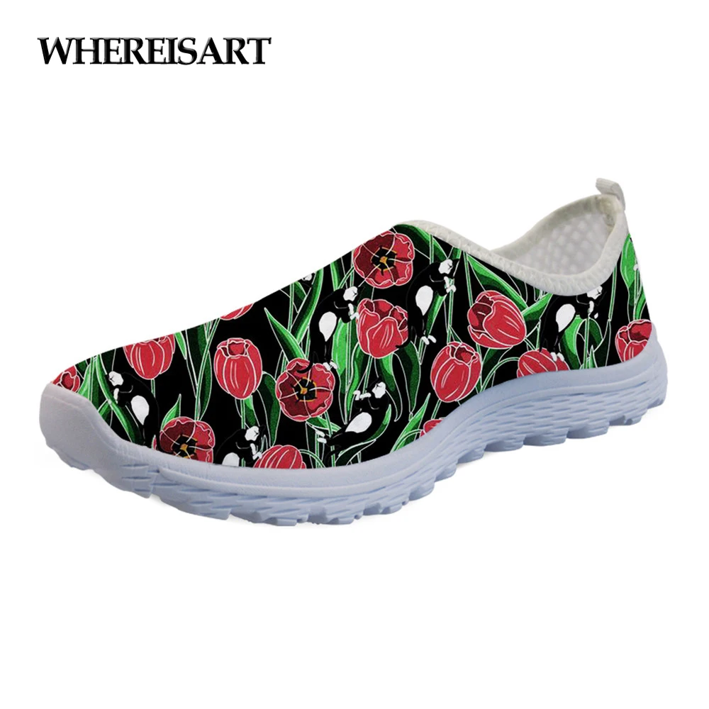 

WHEREISART Floral Style Fashion Summer Girls Flats Shoes Flower Tulip Printing Super Light Mesh Women Sneakers Leisure Zapatos