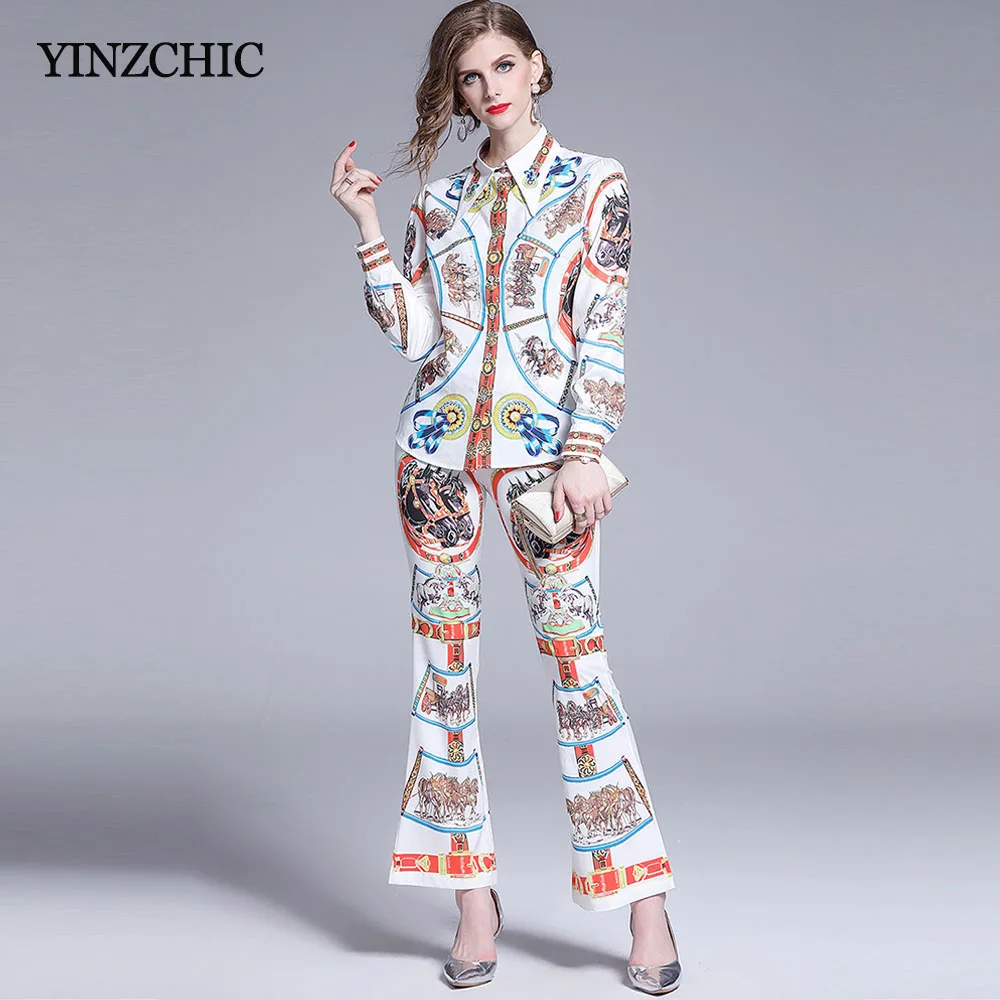 

High Quality Woman Two-pieces Suit Autumn New Loose Blouse + Flare Pants Sets for Woman Offlice Lady Elegant Work Sets