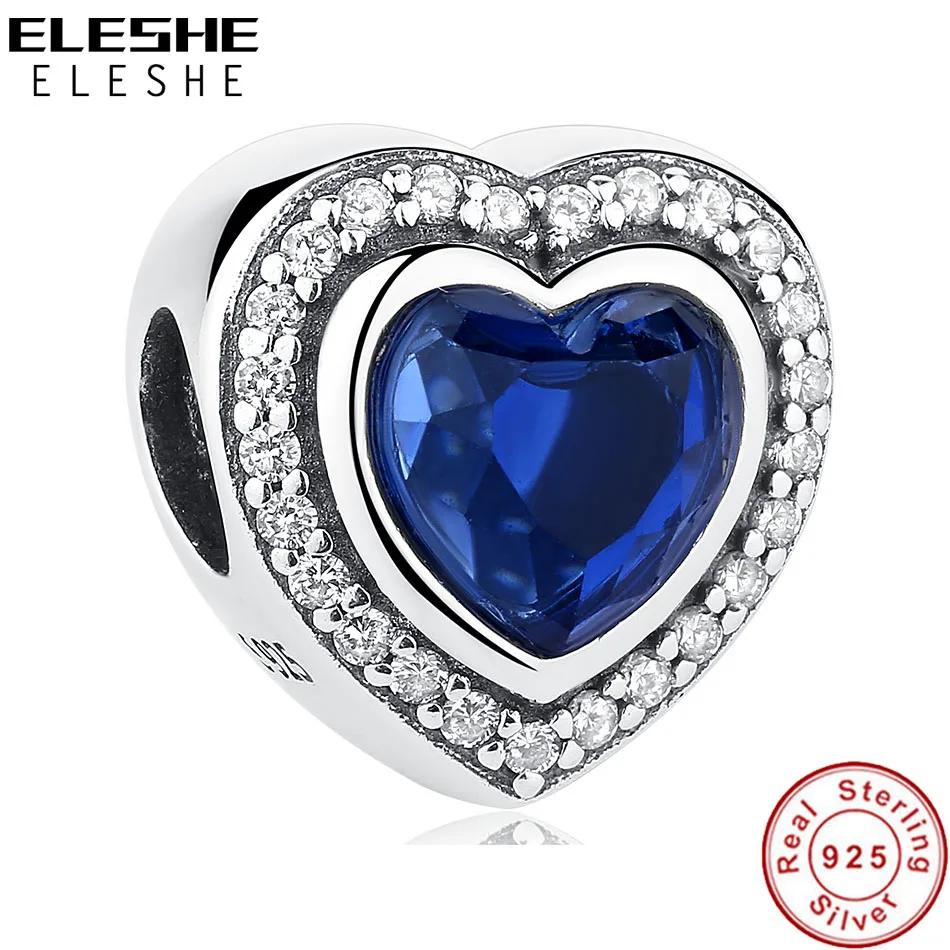 ELESHE Настоящее 925 пробы, серебристо-голубой прозрачный CZ хрустальное сердце, очаровательные бусины, подходят к оригинальному браслету, подлинные ювелирные изделия