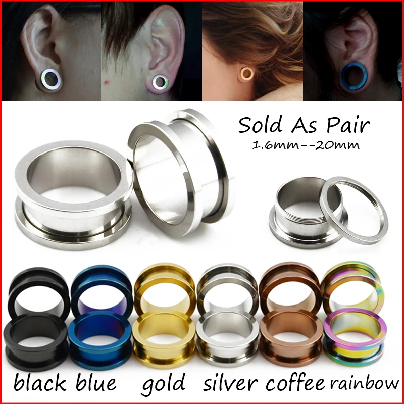 

BOG- 1 Pair Titanium Anodized Blue Gold Black Screw On Hollow Tunnels Ear Plugs Earlets Expanders Gauges Body Piercing Jewelry