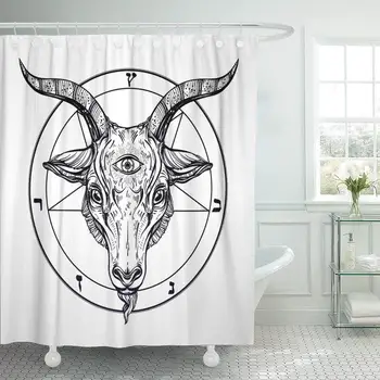 

Pentagram Demon Baphomet Satanic Goat Head Shower Curtain Third Eye Binary Waterproof Polyester Fabric