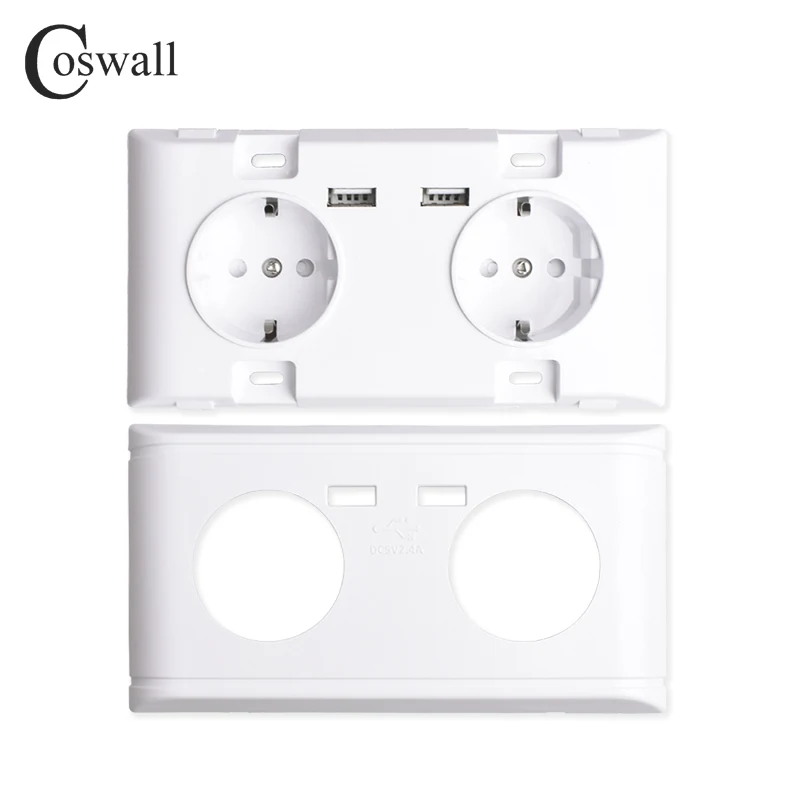 Coswall, двойной USB порт для зарядки, 5 В, 2,4 А, 16А, настенный, Россия, Испания, стандартный разъем питания, двойная розетка европейского стандарта, зарядное устройство, адаптер