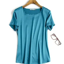 Однотонные, шелковые шелковый креп сатин show тонкой круглой воротник голова свободно Джокер женские шелковые футболки с короткими рукавами синего цвета 3