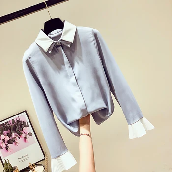 

Super Fairy Women Basic Tops New Spring All-match Elegant Long Sleeve Female Blouses Turn Down Collar Shirts Solid Color