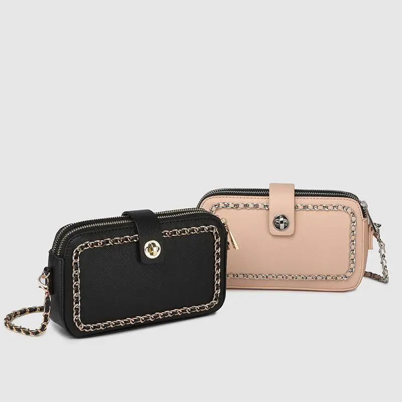 

2018 ladies PU leather handbag with chain girls fashion flap woman summer mini pink bag with zipper women mobile bag and purse