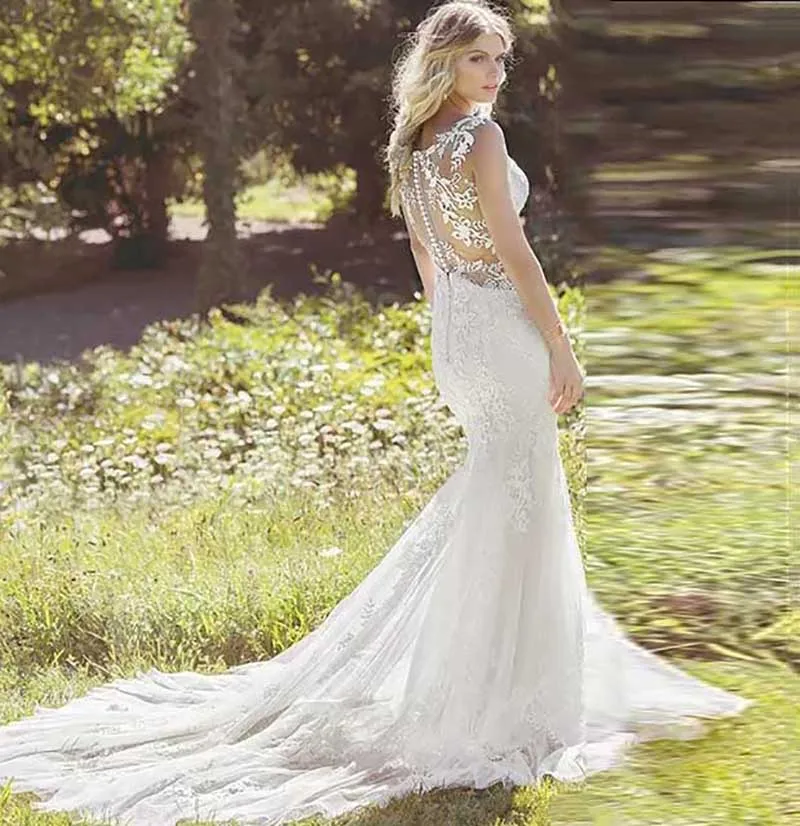 

Smileve Mermaid Wedding Dress Lace Appliques Bride Dress Illusion Back Elegant Vintage Lace Long Train Bridal Gown Turkey Style