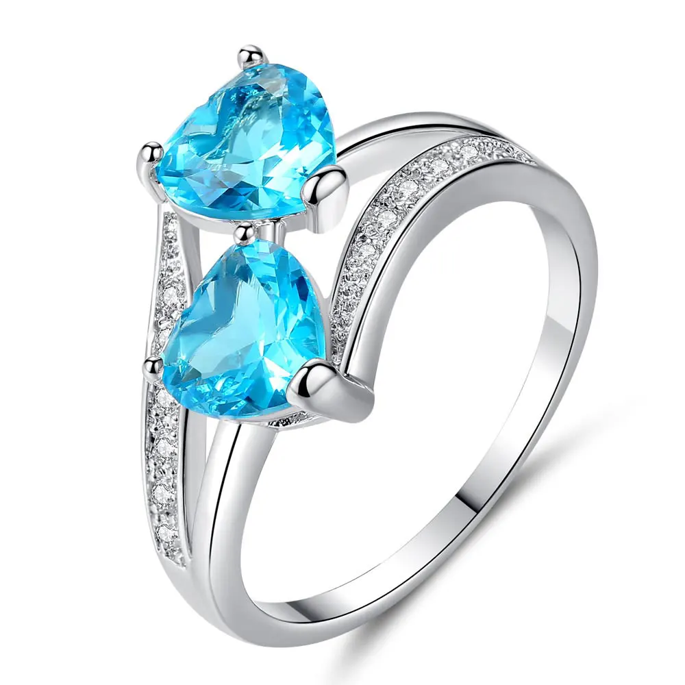 Двойное сердце радуга леди кольцо обручальное кольцо Дамы аксессуары обручальные ювелирные изделия триколор классический простой подарок на праздник - Цвет основного камня: Blue