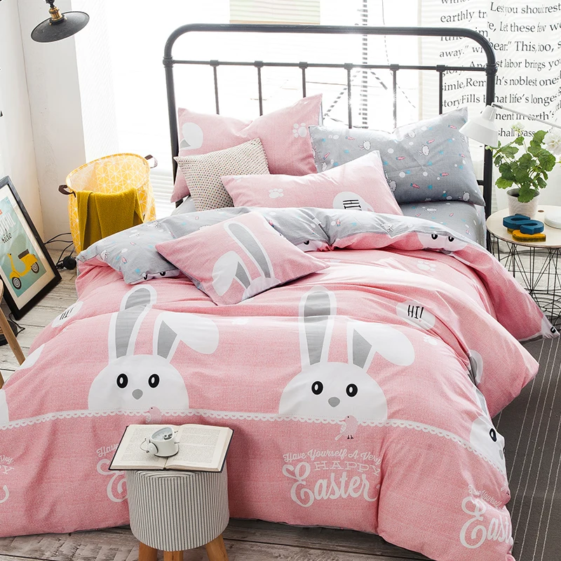 

4pc 100% cotton cartoon pink rabbit beddingset princess love for home